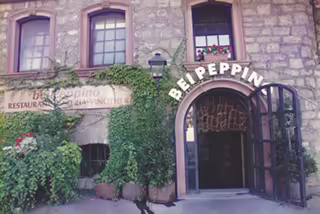 Historische Fassade von Bei Peppino am Zeller Berg in Würzburg mit Efeu, Steinmauer und geschwungener Eingangsbeschriftung
